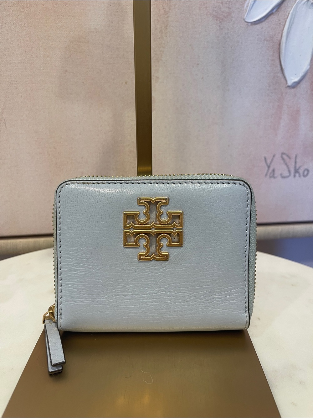 Tory Burch Pale Blue Britten Leather Zip-Around Wallet with Gold Logo